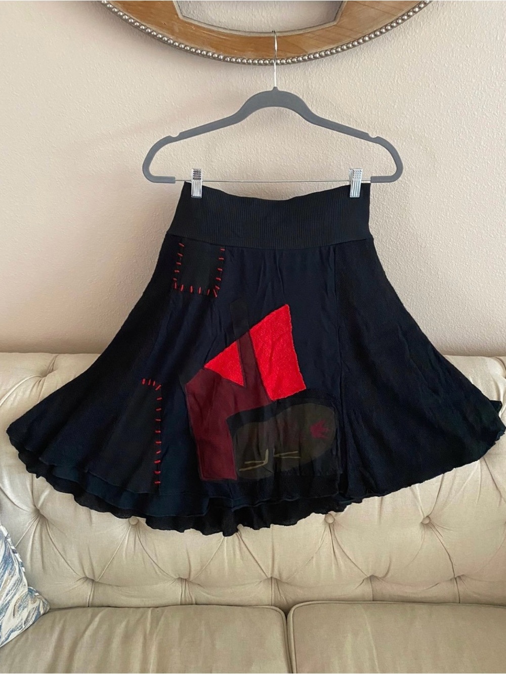 Vintage Y2K Paramita Spain Black Patchwork Art Skirt Red Stitching - Size L